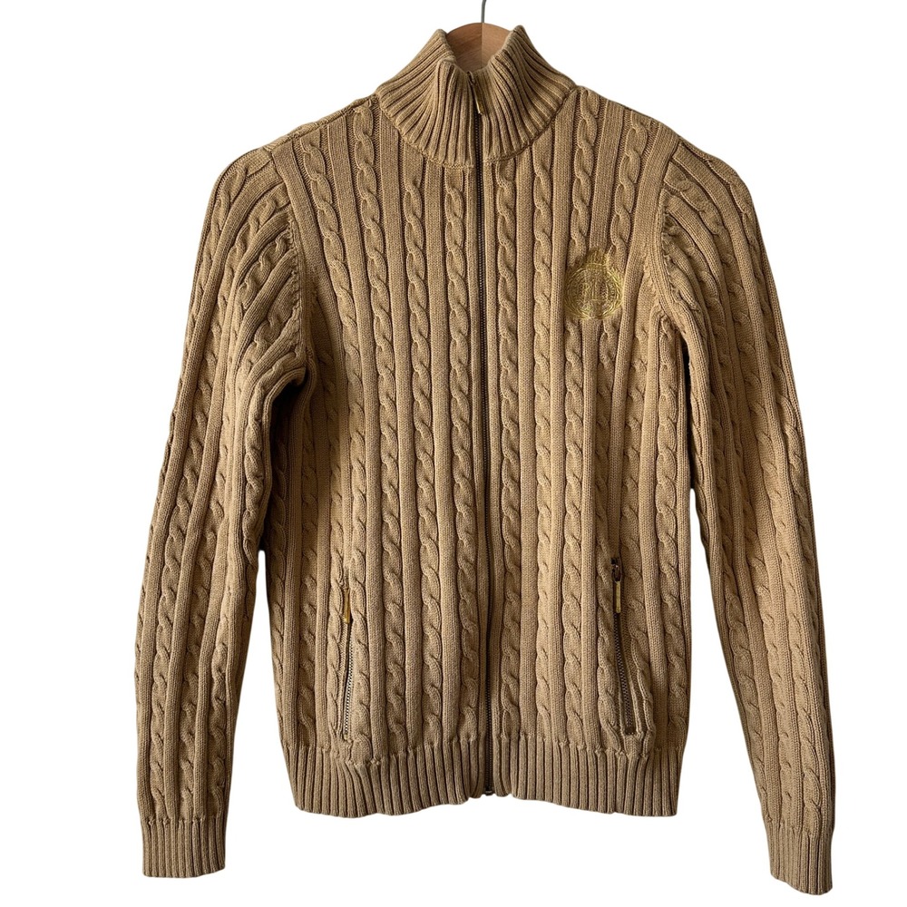 Lauren Ralph Lauren Petite Tan Brown Cable Knit Full Zip Cardigan Sweater PM
